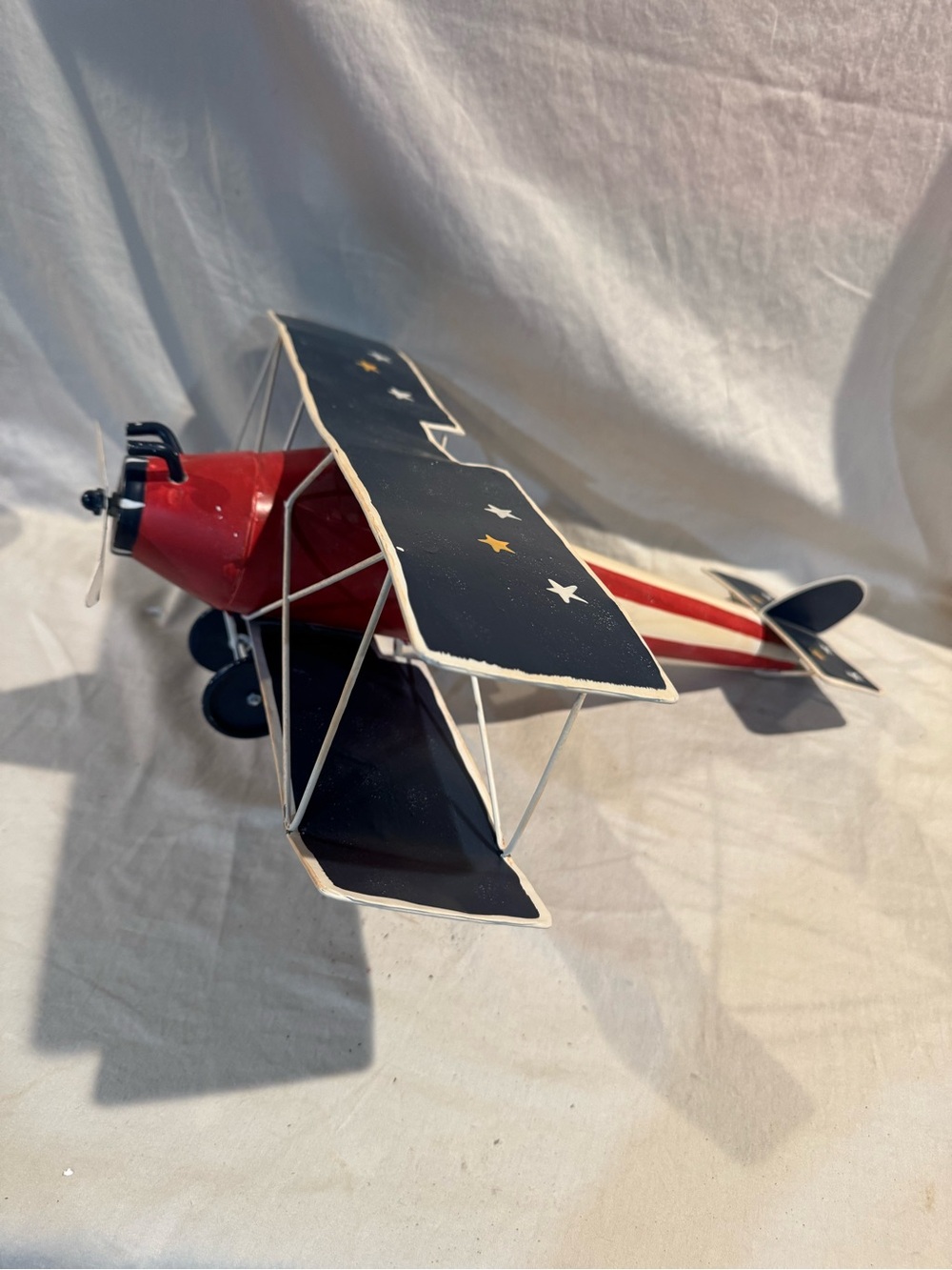 Red and Navy Star Biplane Kids Toy - Decorative Metal Airplane